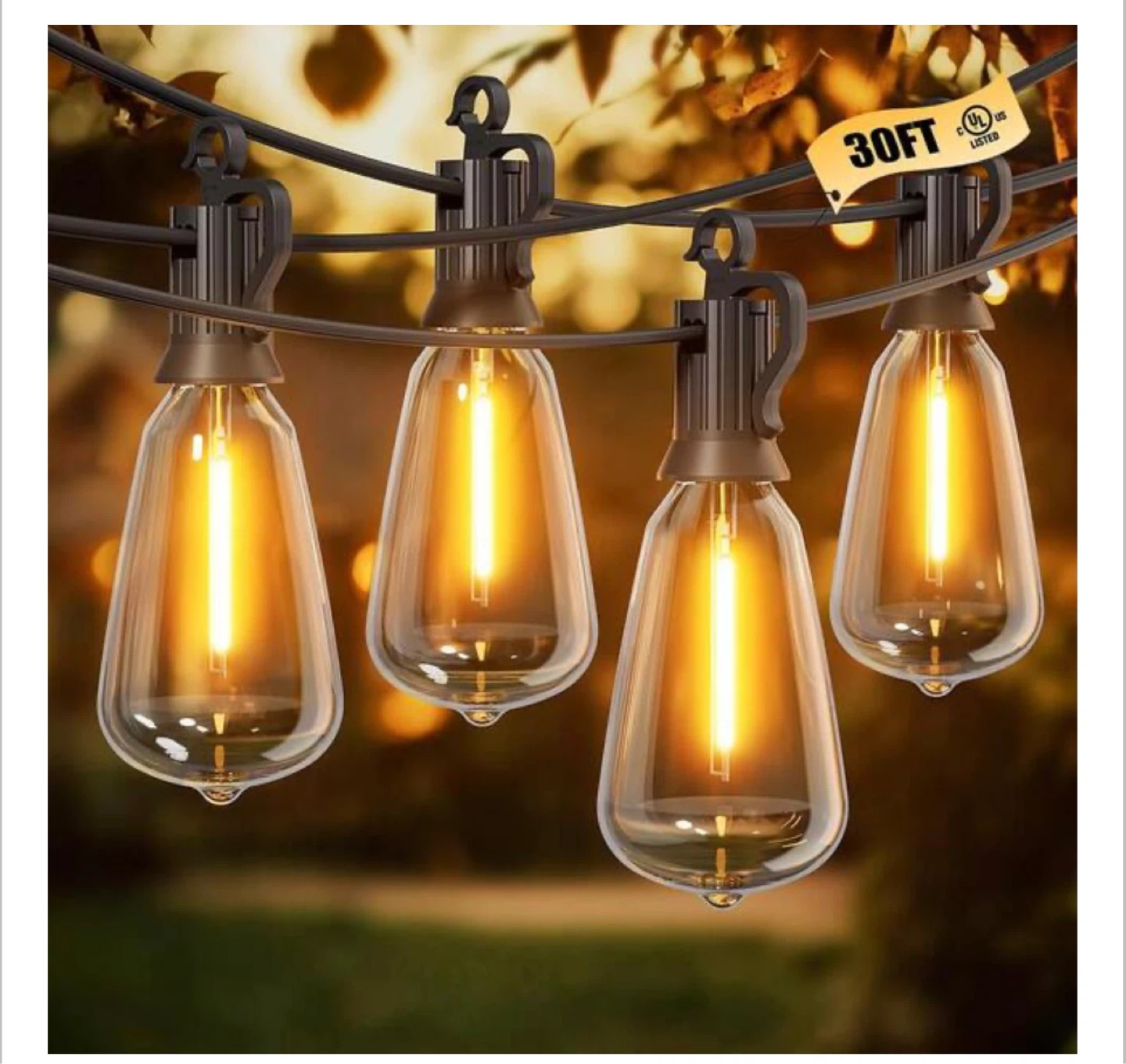 30ft Black Outdoor Dimmable LED Edison String Lights