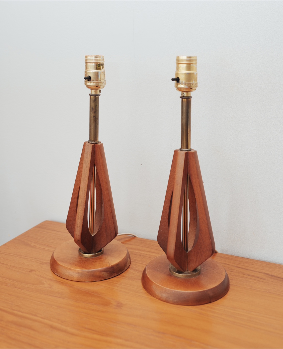 Sculptural Teak & Brass Vintage Table Lamps, Pair