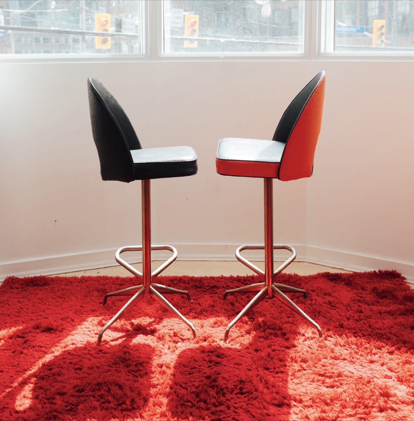 Space Age Vintage Swivel Bar Stools – Black & Orange Pair