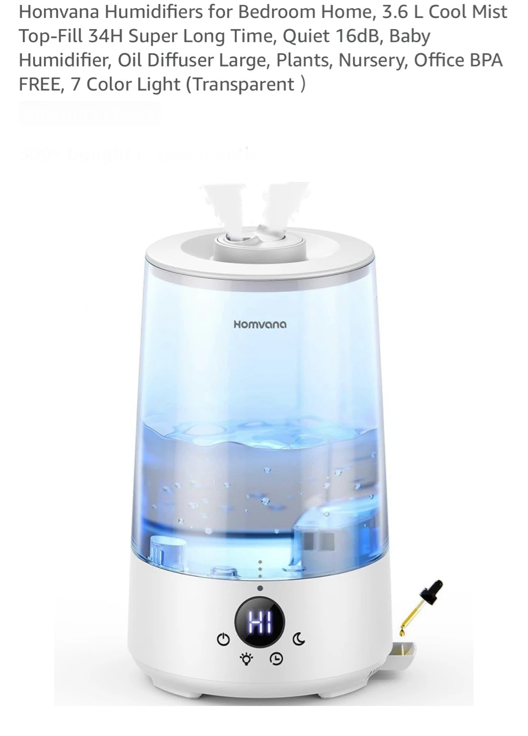 Homvana Humidifiers 3.6 L Cool Mist BPA free,  Transparent