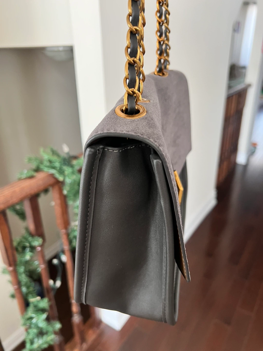 Grey Suede and Faux Leather Shoulder Bag - photo 2