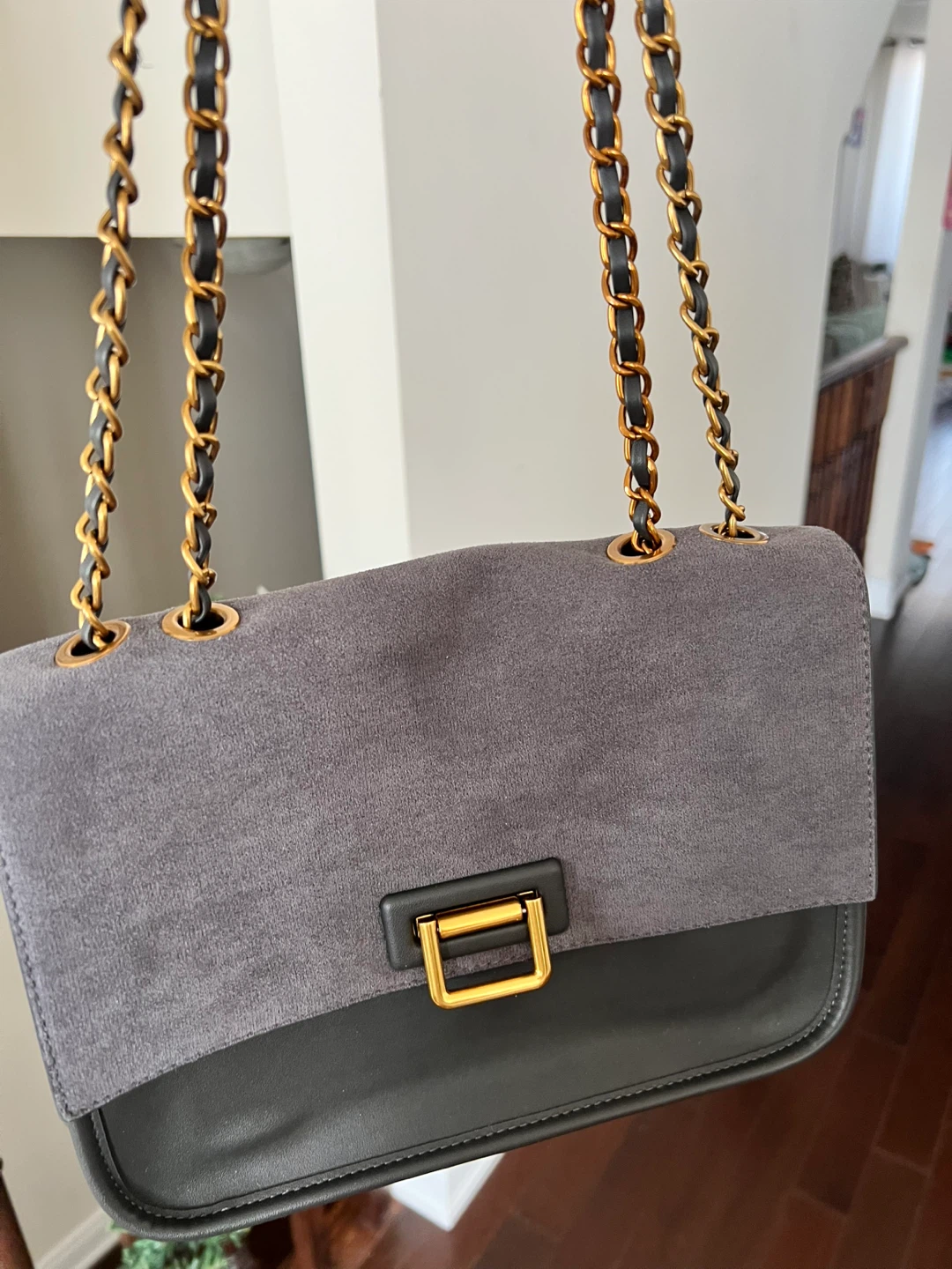 Grey Suede and Faux Leather Shoulder Bag