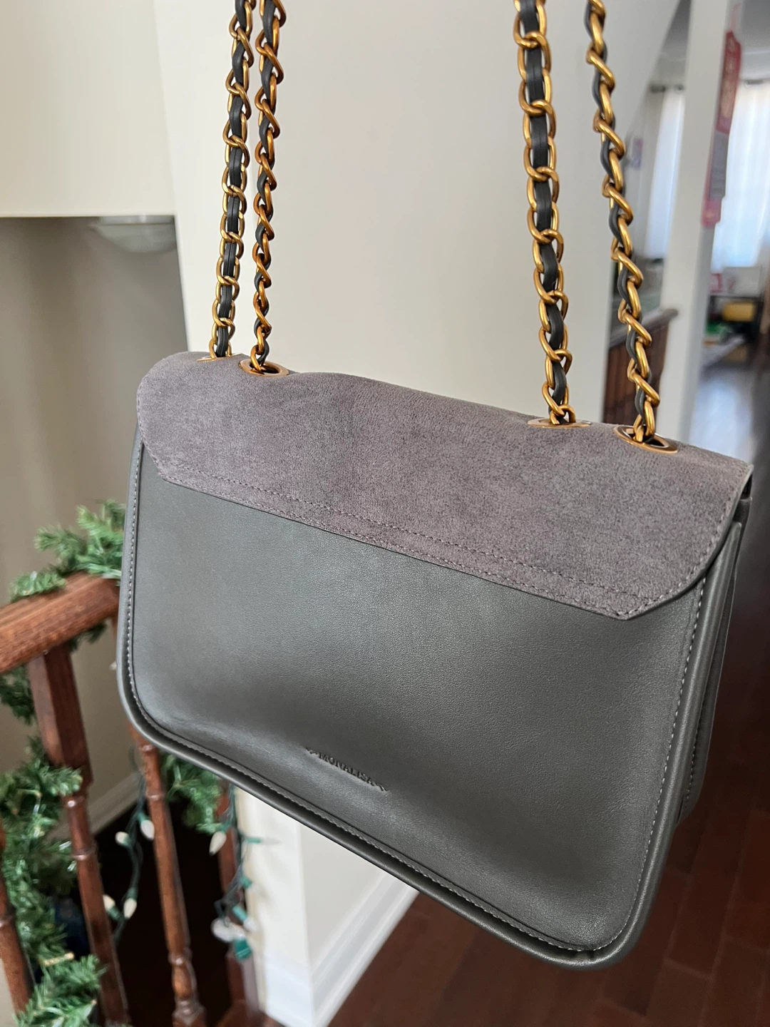 Grey Suede and Faux Leather Shoulder Bag - photo 3