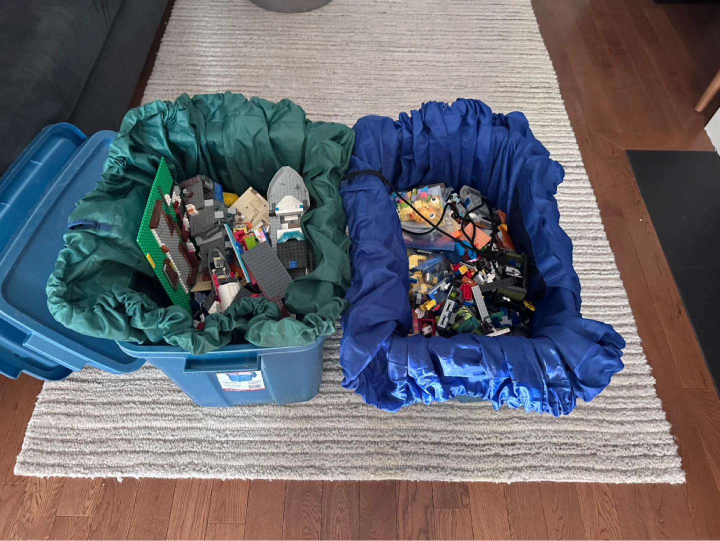 LEGO Building Blocks and Drawstring Mats.