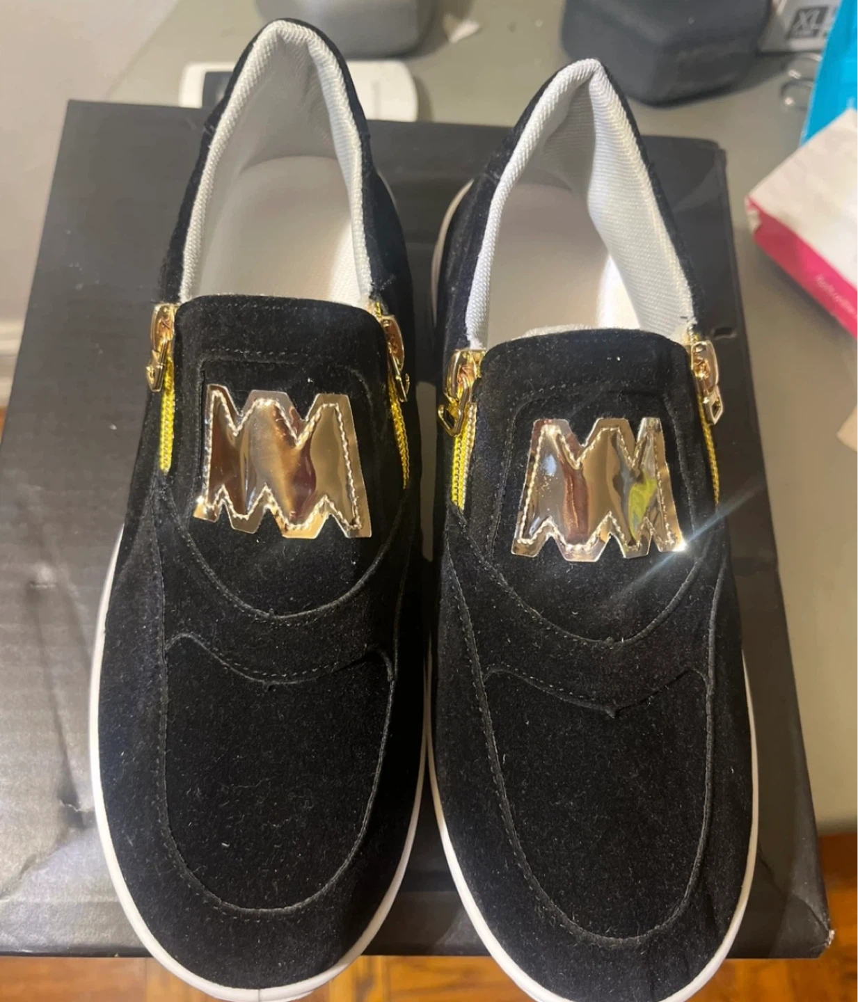 Black Suede Slip-On Sneakers with Gold Accents - photo 3