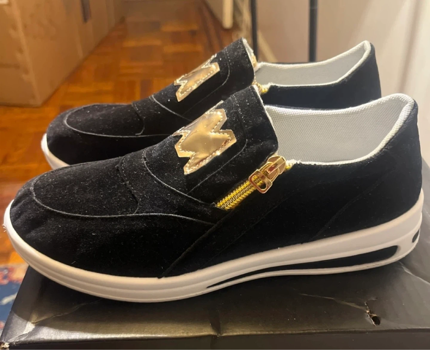 Black Suede Slip-On Sneakers with Gold Accents - photo 2