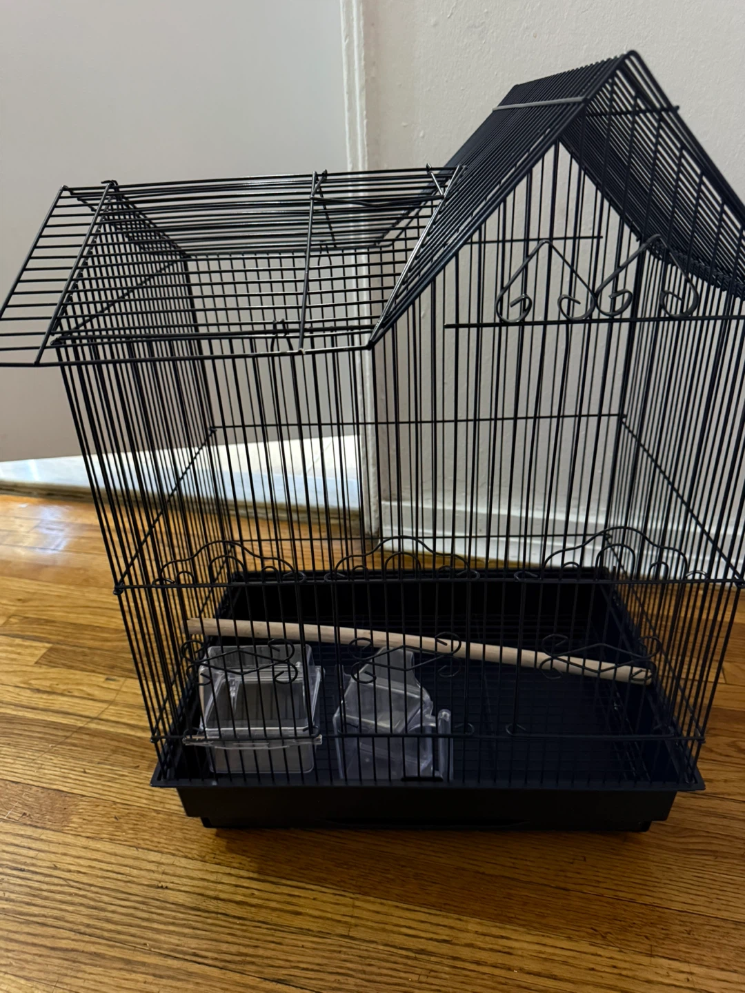 Black Bird Cage with Perch and Feeders