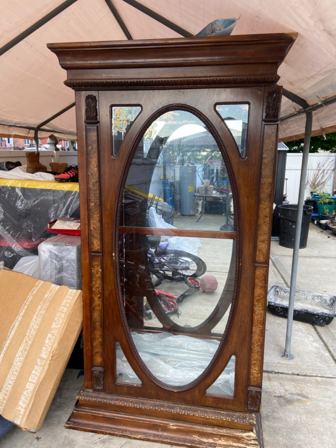 Antique Wooden Display Cabinet with Oval Mirror