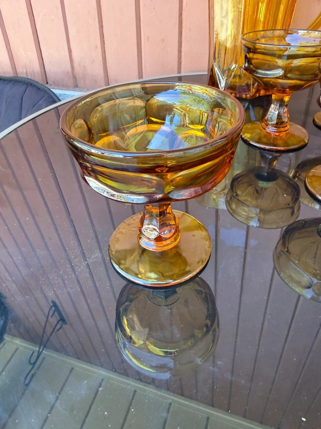 Amber Glass Pitcher with 6 Footed Glasses - photo 2