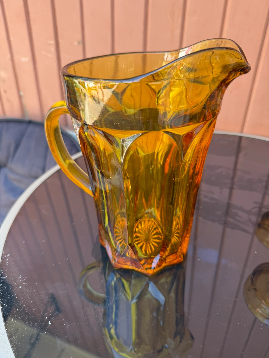 Amber Glass Pitcher with 6 Footed Glasses - photo 4