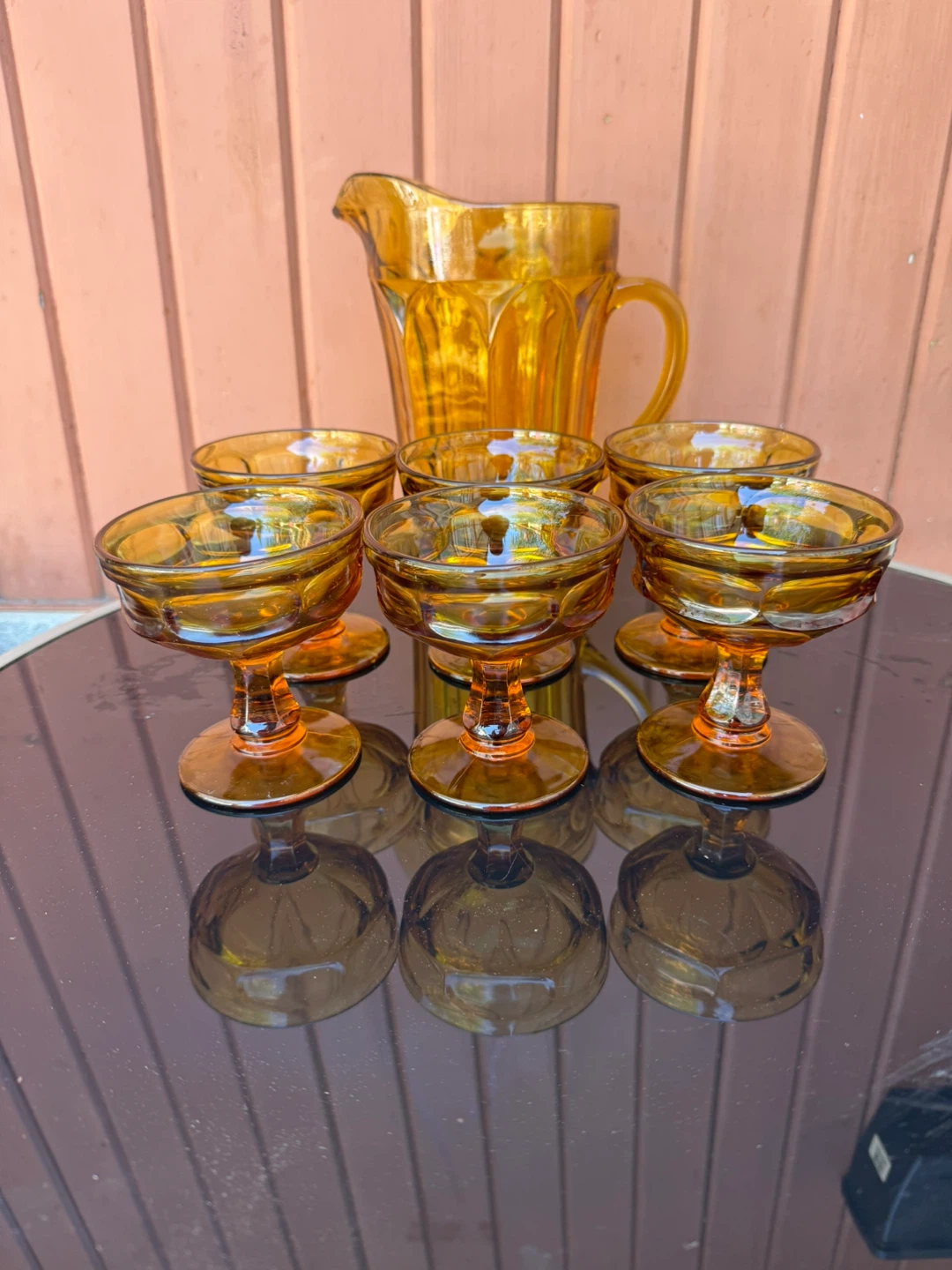 Amber Glass Pitcher with 6 Footed Glasses
