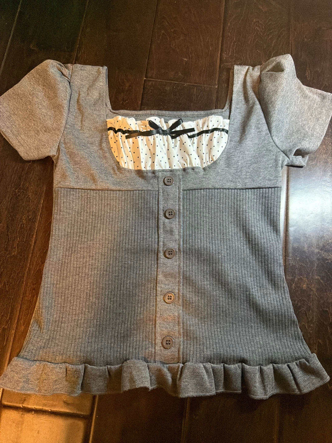 Girls Grey Ruffled Square Neck Top
