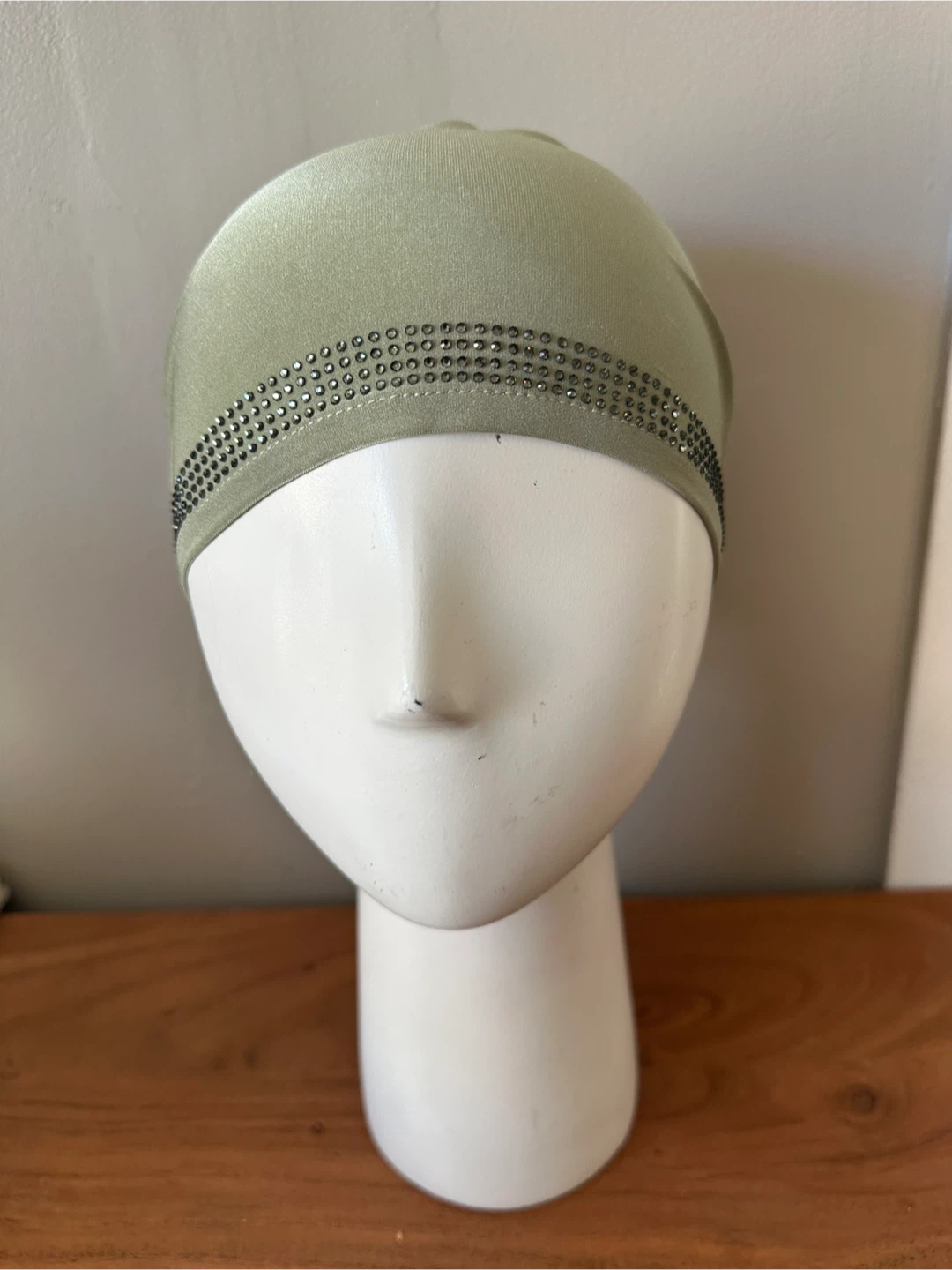 Light Green Beanie with Rhinestone Trim