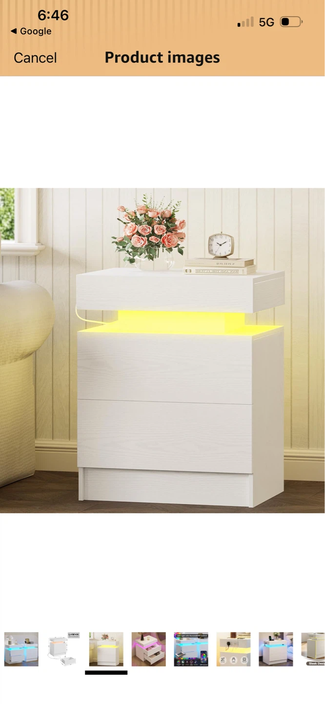 New White 2-Drawer Nightstand with LED Lights and USB Ports