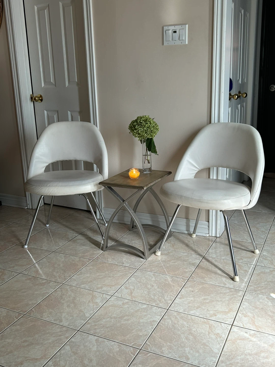 2-White Accent Chairs with Chrome Legs