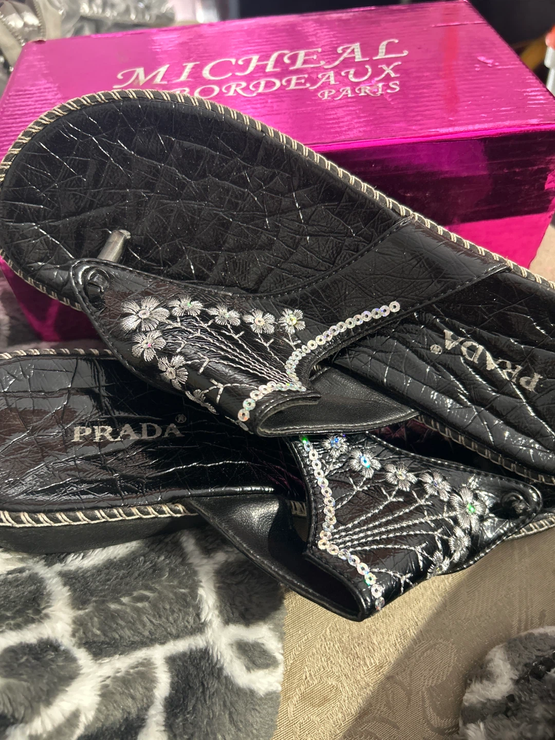 Prada Black Floral Embellished Sandals Size 41