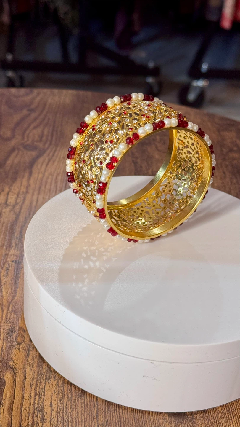 Gold Tone Bangle Set with Red and White Beads - photo 3