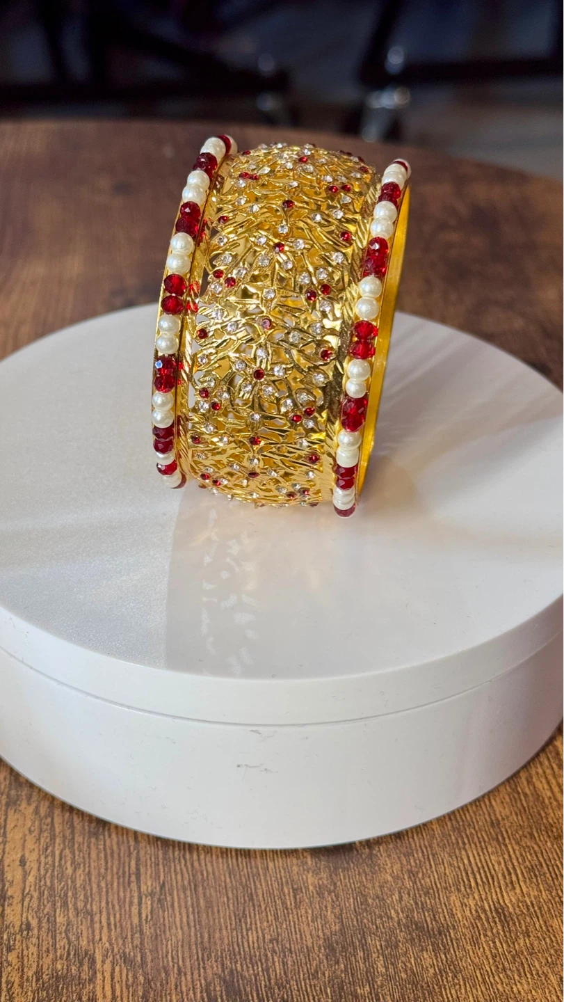 Gold Tone Bangle Set with Red and White Beads - photo 4