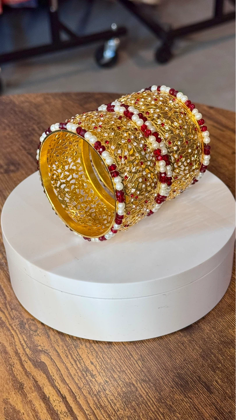 Gold Tone Bangle Set with Red and White Beads - photo 2