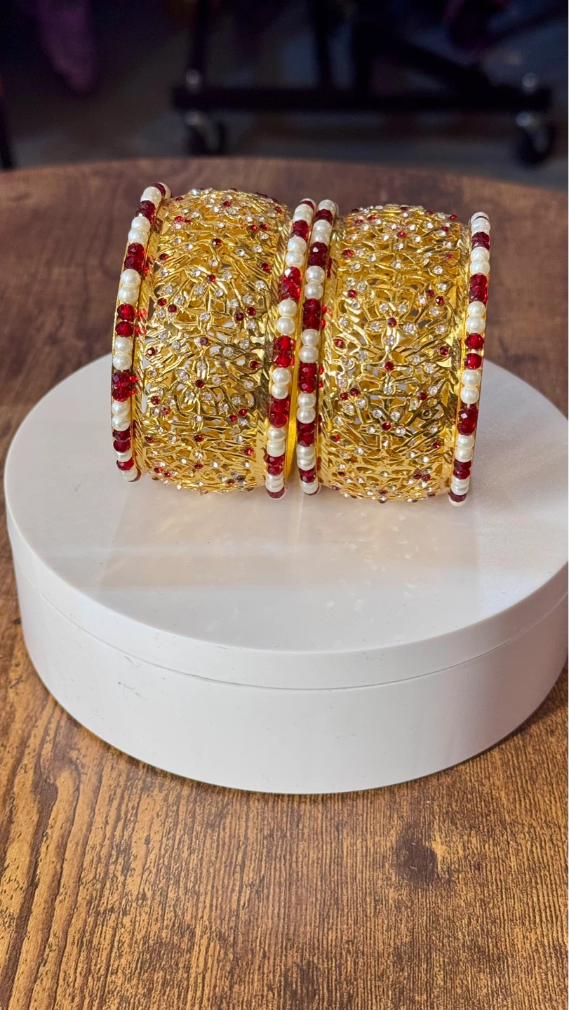 Gold Tone Bangle Set with Red and White Beads