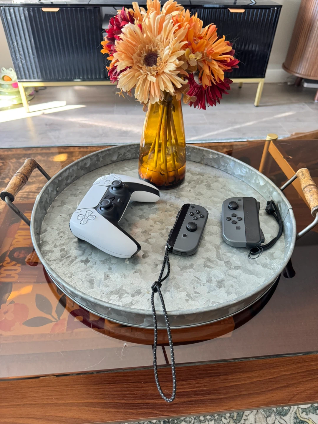 Galvanized Metal Serving Tray with Wooden Handles