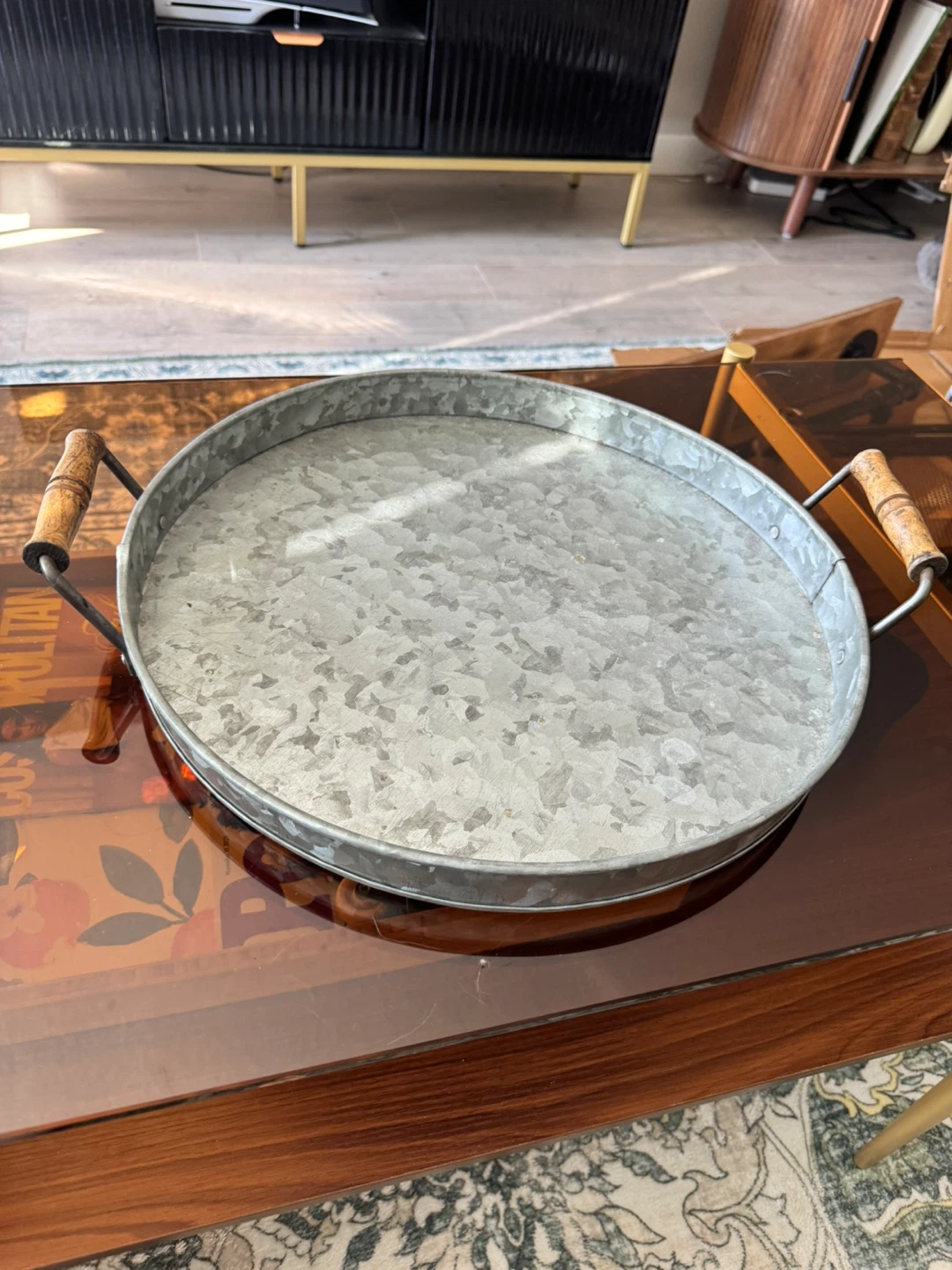 Galvanized Metal Serving Tray with Wooden Handles - photo 2