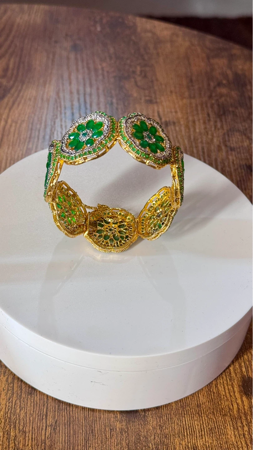 Gold Tone Bangle Set with Green Stones - photo 4