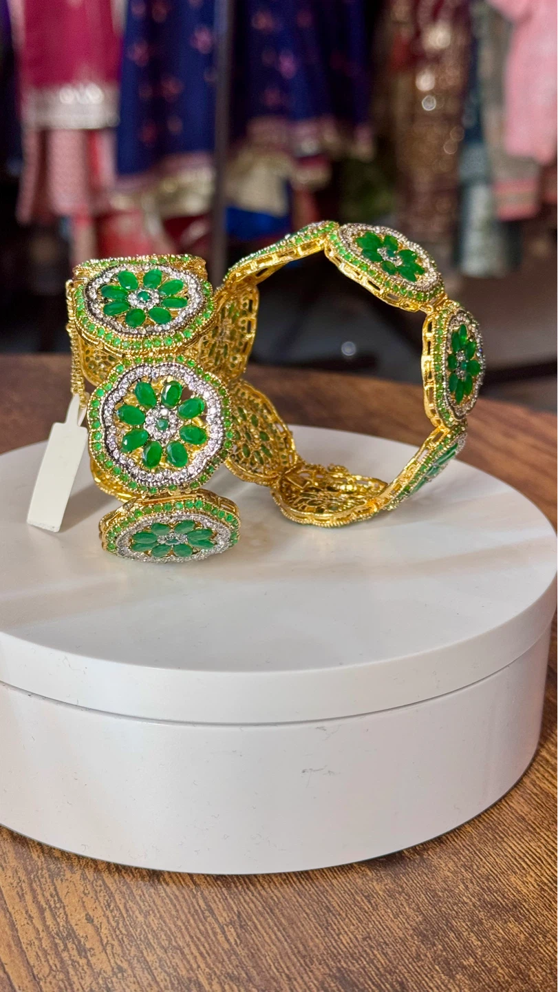 Gold Tone Bangle Set with Green Stones - photo 2