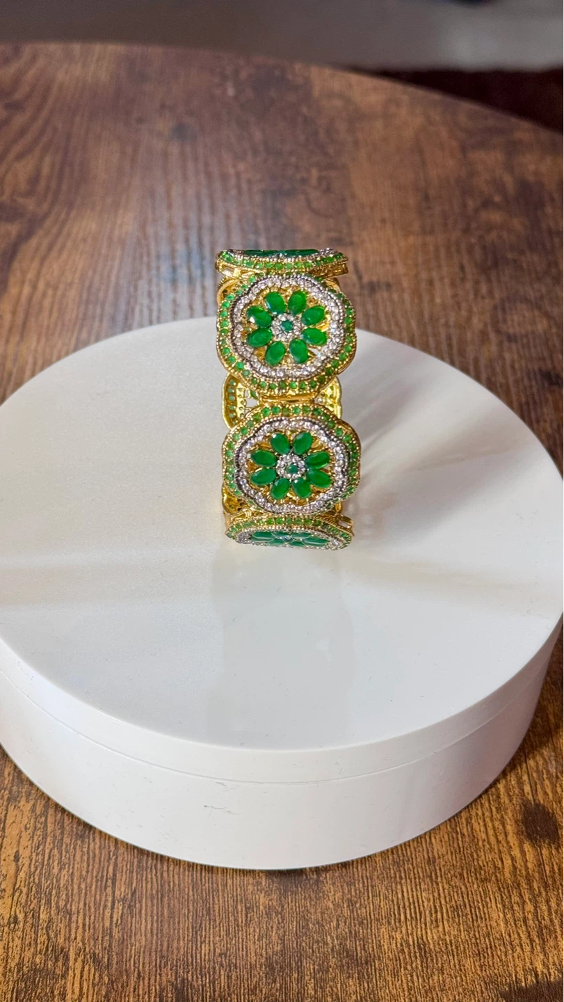 Gold Tone Bangle Set with Green Stones - photo 3