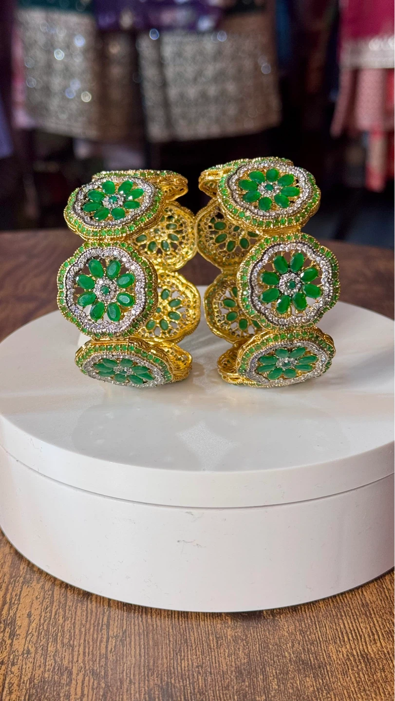 Gold Tone Bangle Set with Green Stones