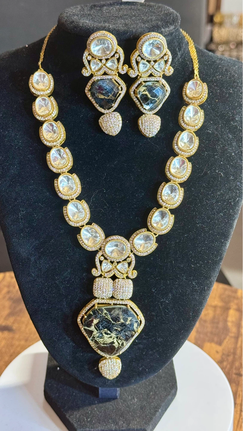 Black Firestone moissanite necklace and earring set