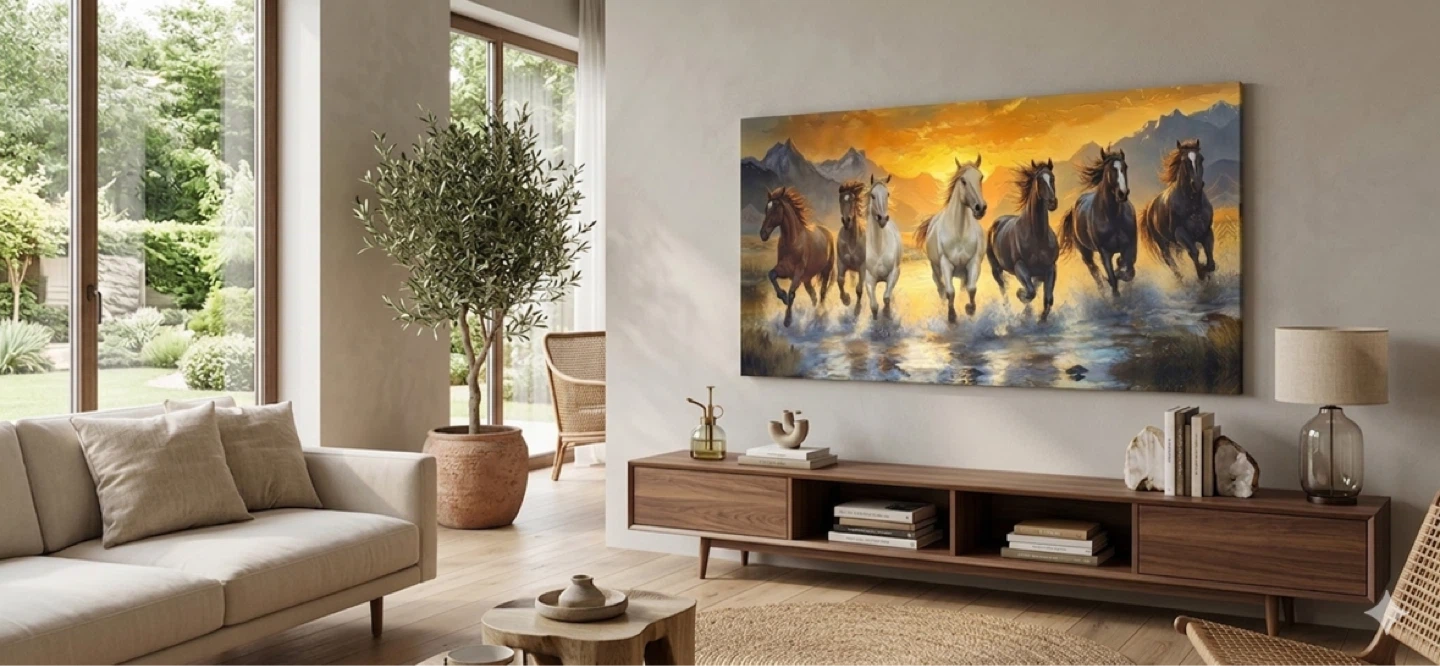 Framed Canvas Print: Galloping Horses at Sunset