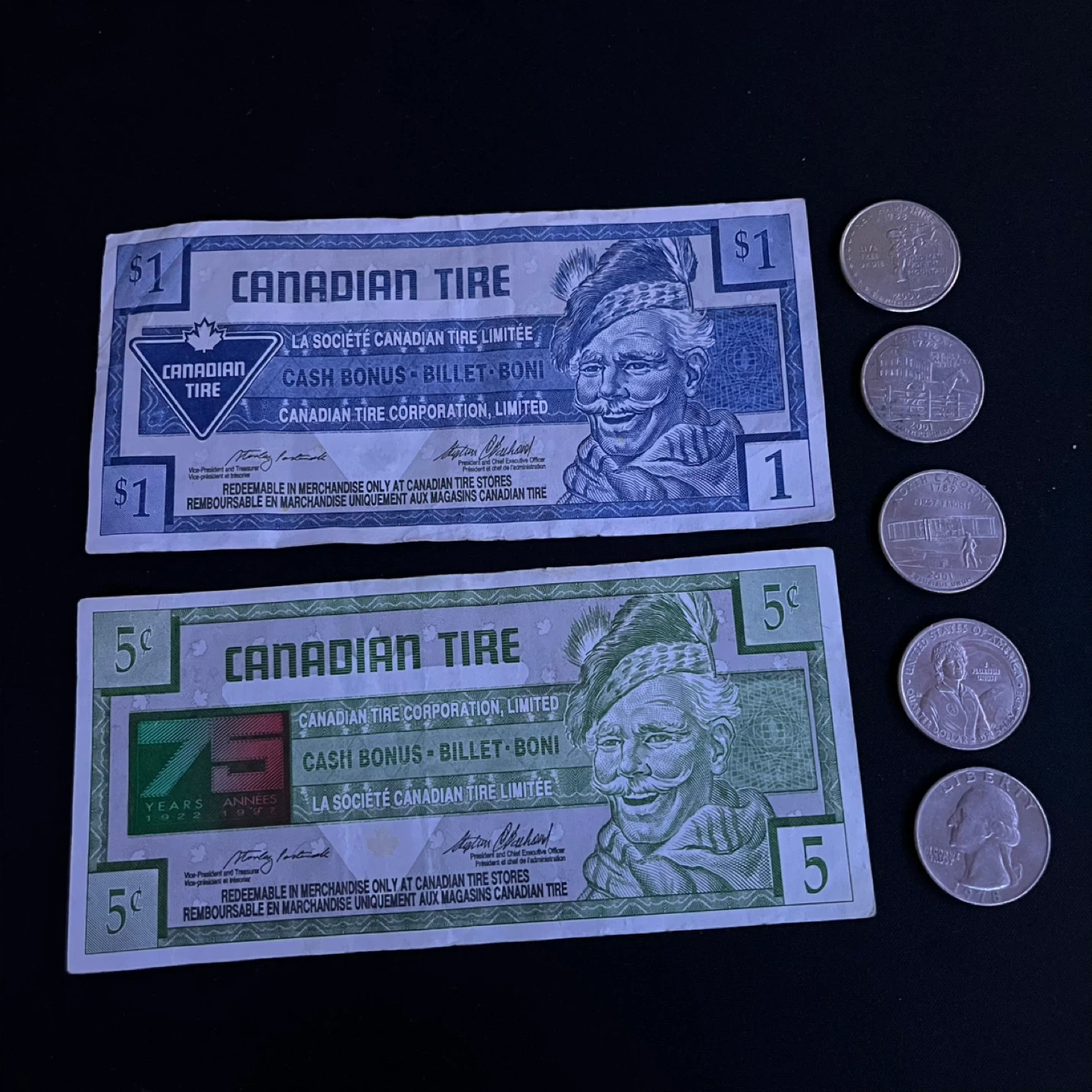 Canadian tire money and Americans quarters