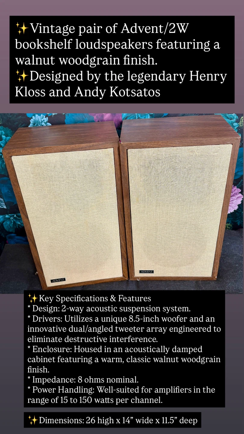 Vintage Advent/2W Bookshelf Loudspeakers Walnut Woodgrain
