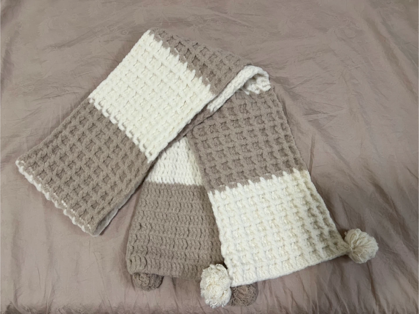 Striped Scarf with Pom-Poms