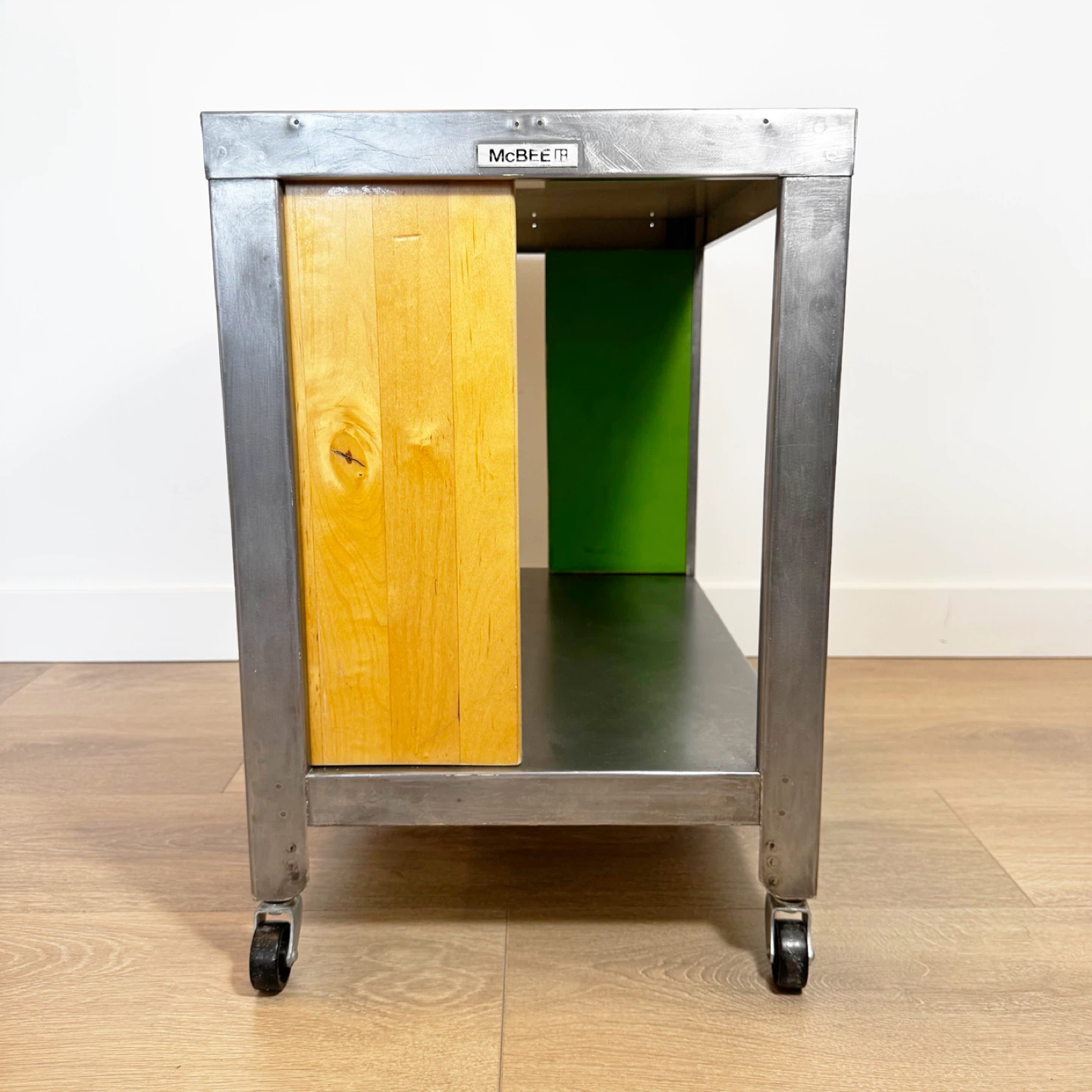 McBee Rolling industrial cart side table with wooden panels. - photo 3