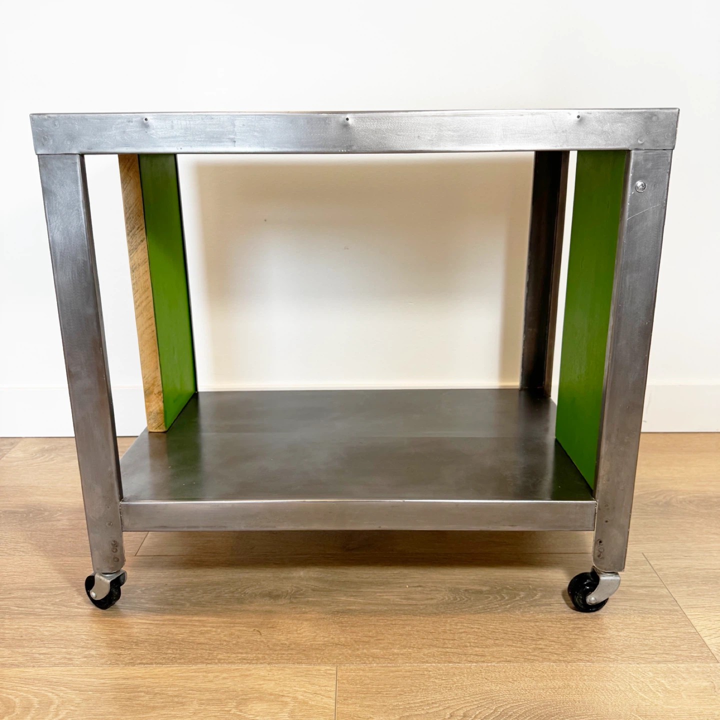 McBee Rolling industrial cart side table with wooden panels. - photo 2