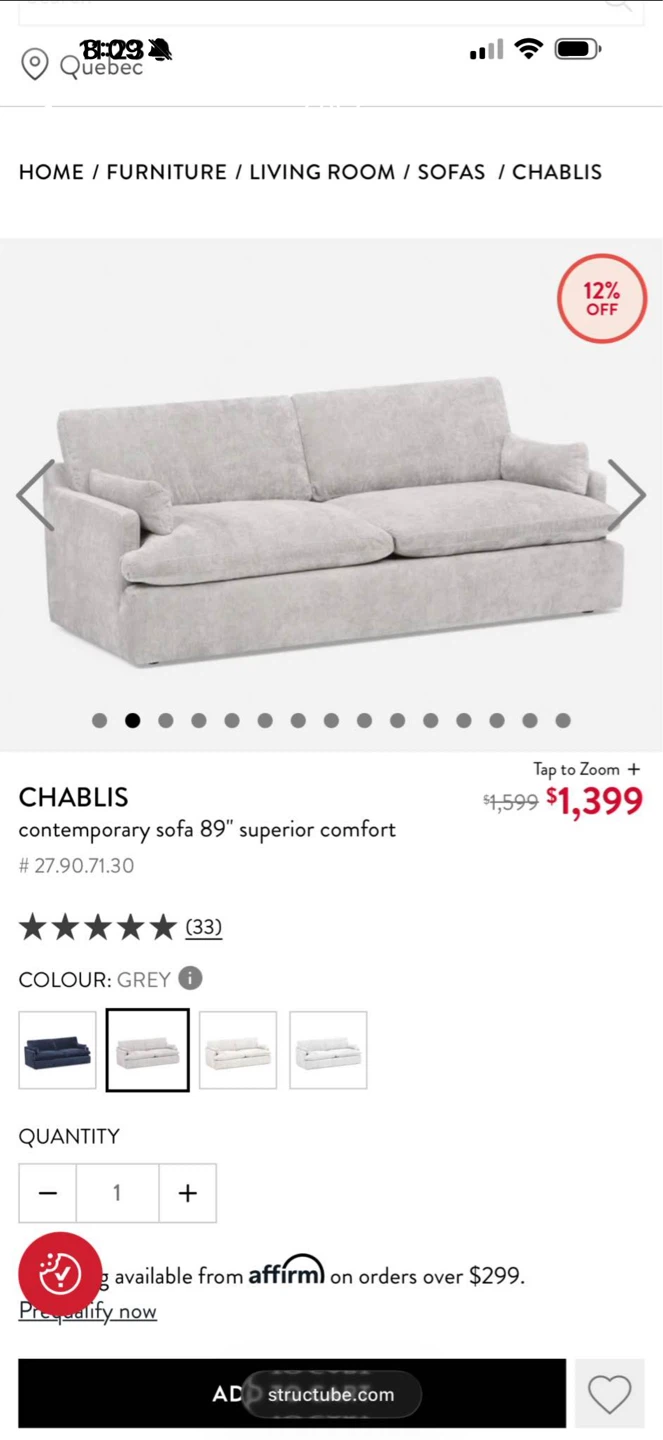 Structube CHABLIS Sofa - Grey 89"