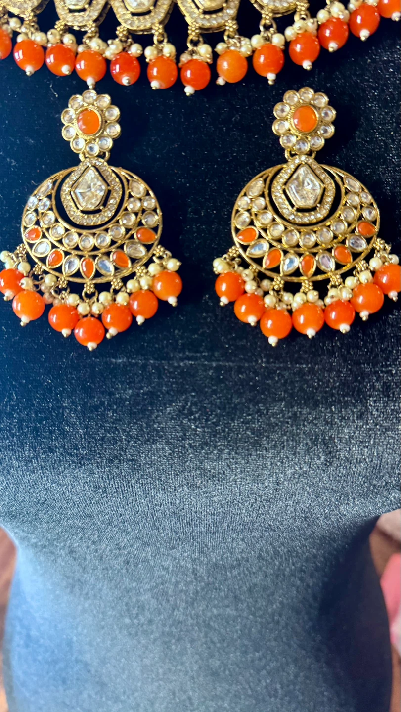 Orange kundan  Necklace and Earring Set - photo 3