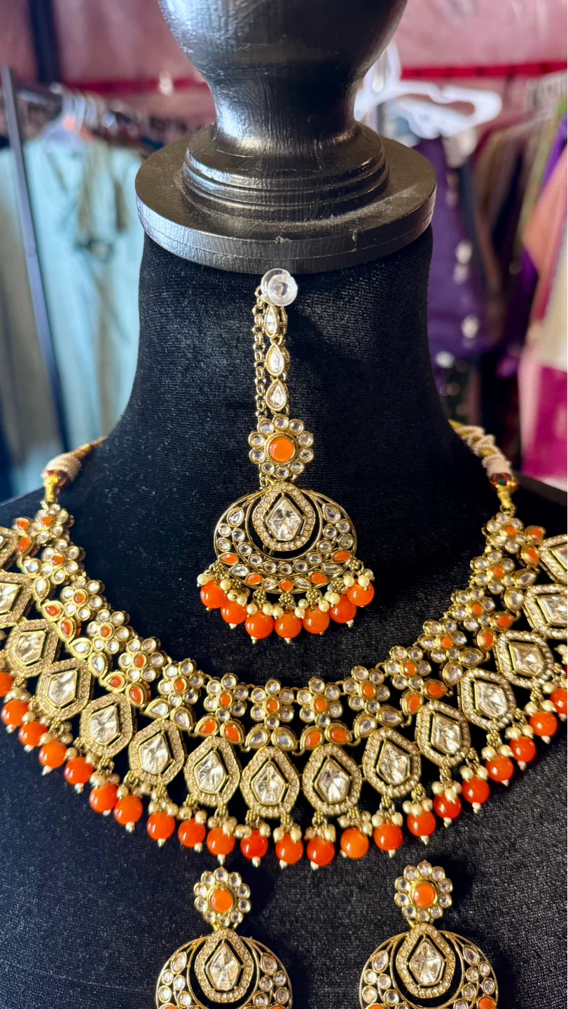 Orange kundan  Necklace and Earring Set - photo 2