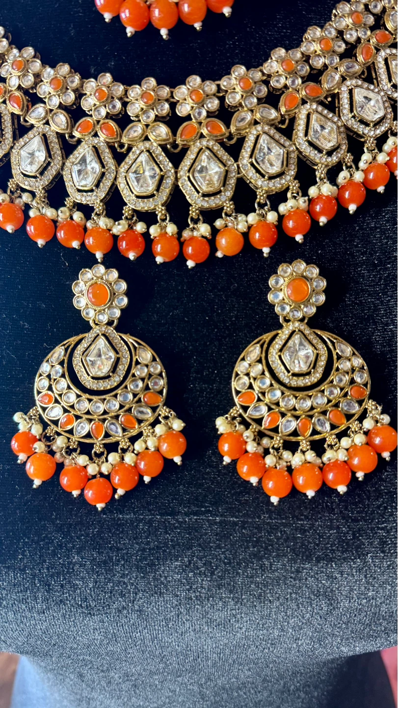 Orange kundan  Necklace and Earring Set - photo 4