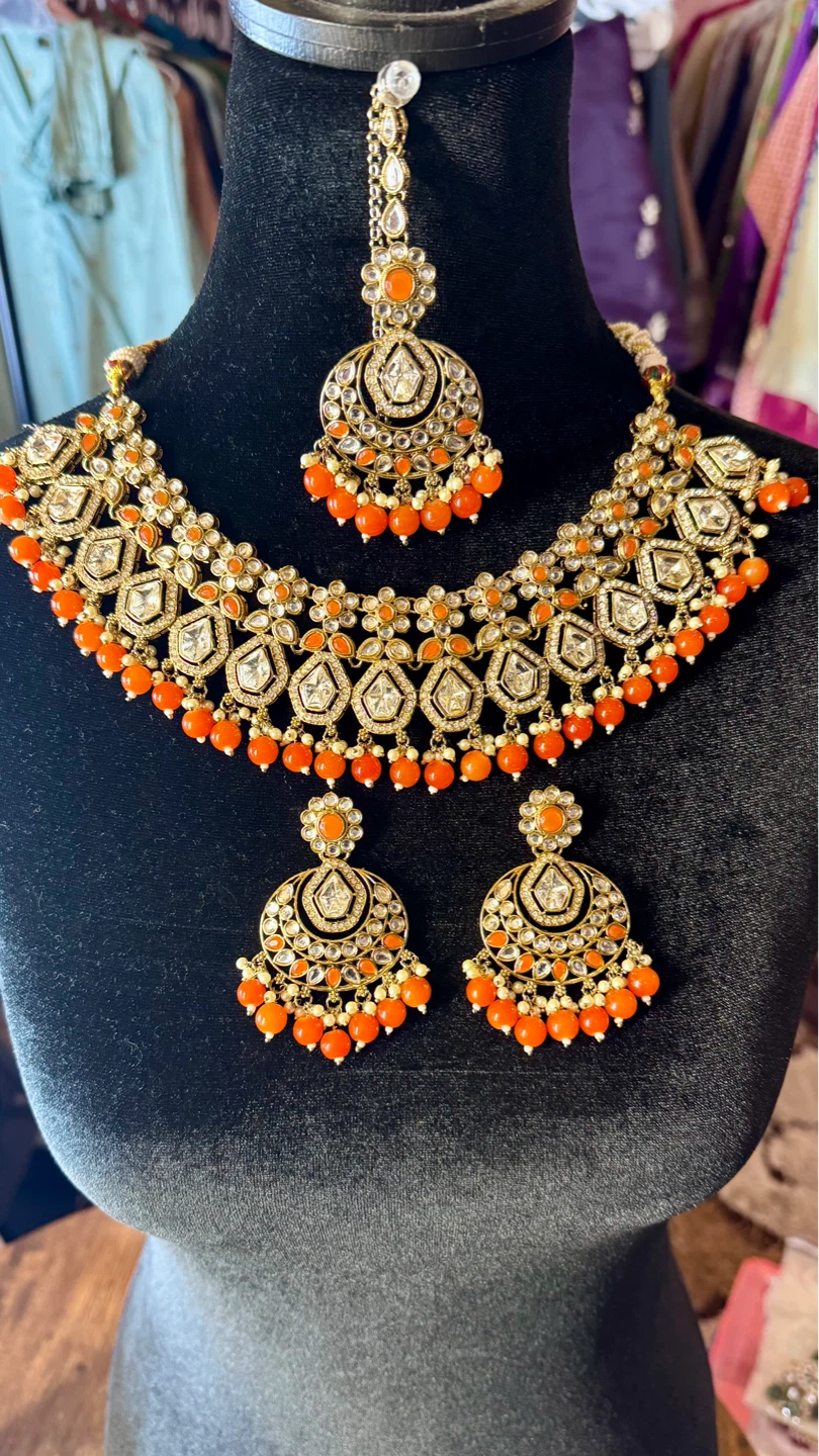 Orange kundan  Necklace and Earring Set