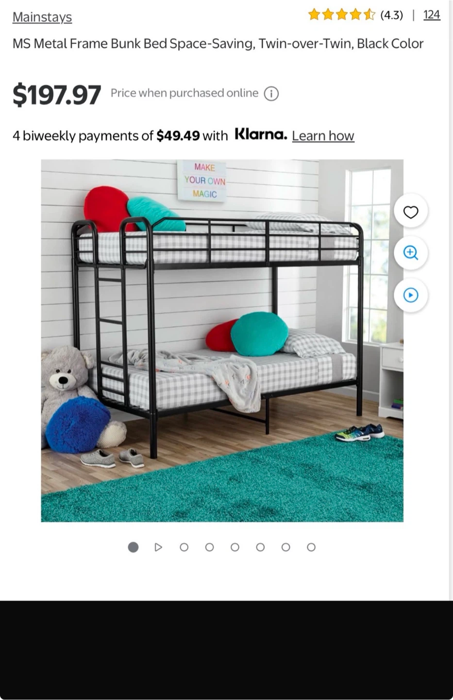 Mainstays Metal Frame Bunk Bed - Twin-over-Twin, Black