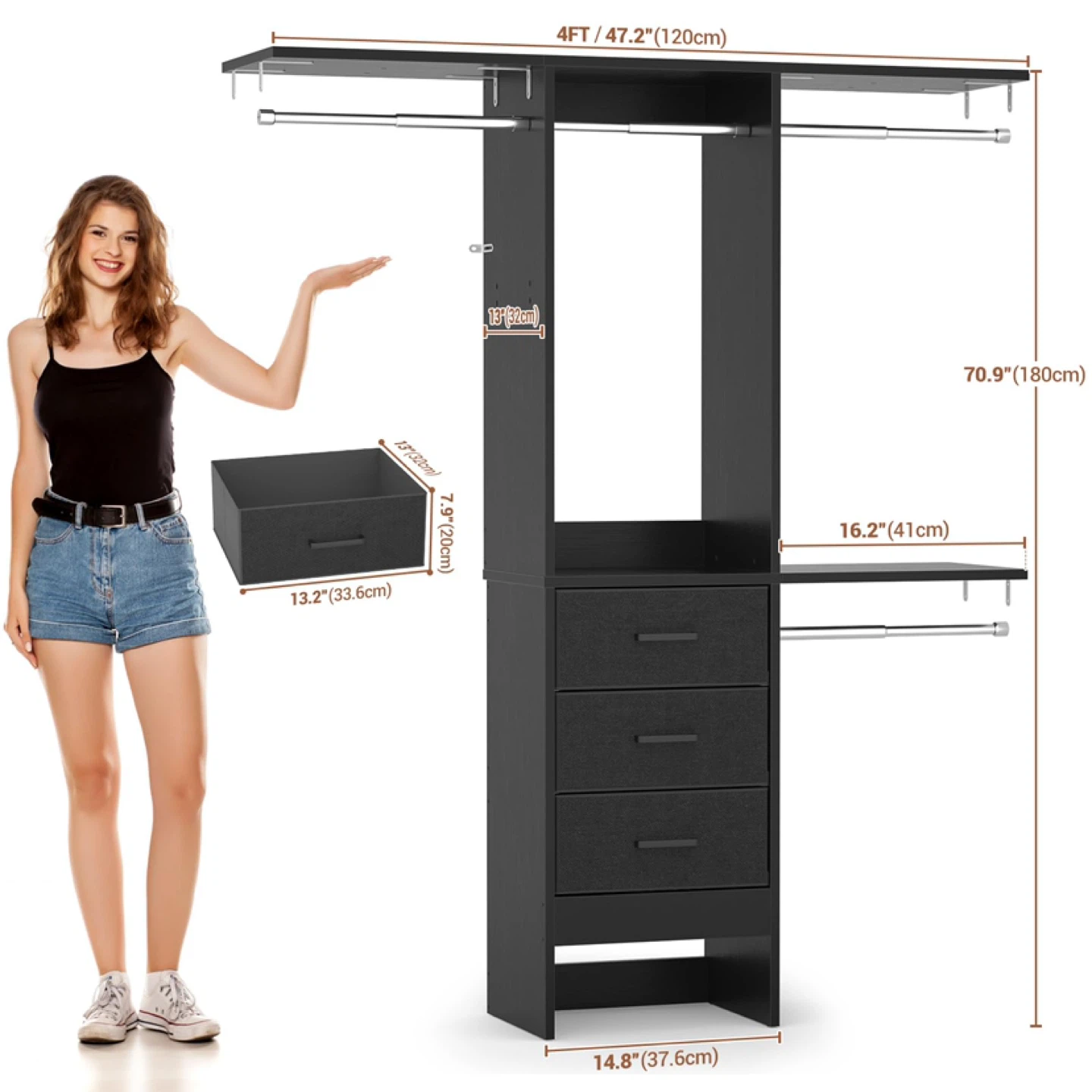 Besiost 4FT Small Closet System with 3 Fabric Drawers - photo 2