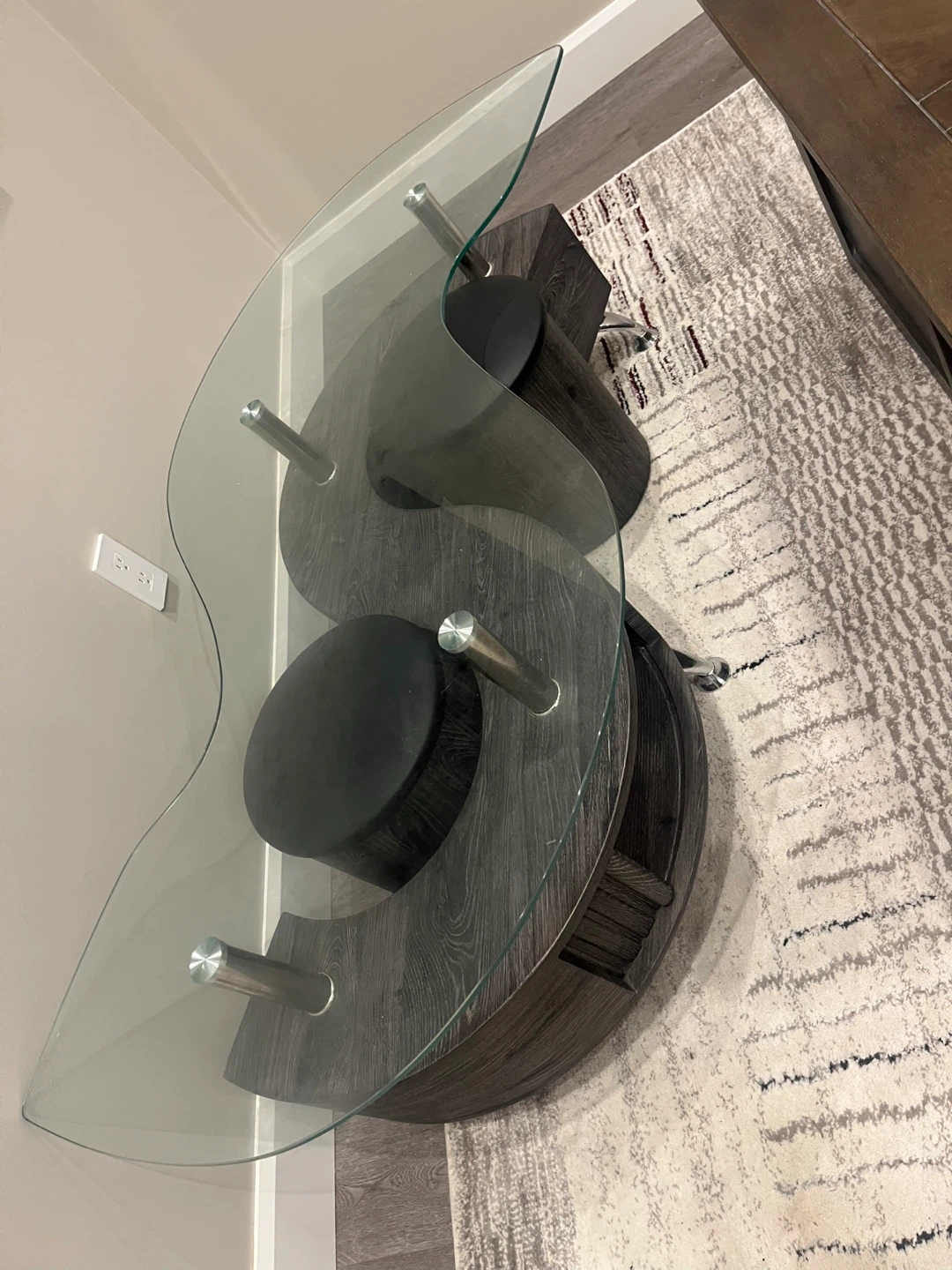 Glass and Wood S-Shaped Coffee Table