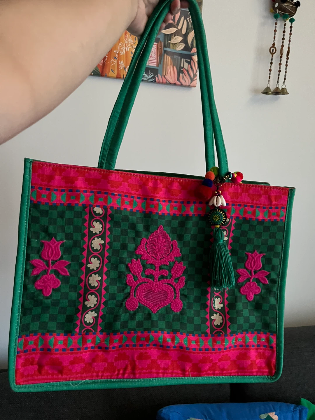 Embroidered Tote Bag with Tassel Charm