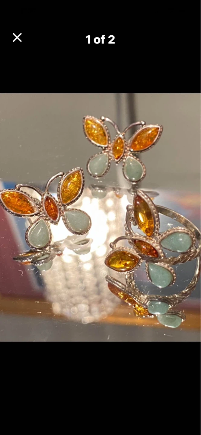 🦋Butterfly Amber and Aquamarine Ring and Earring Set