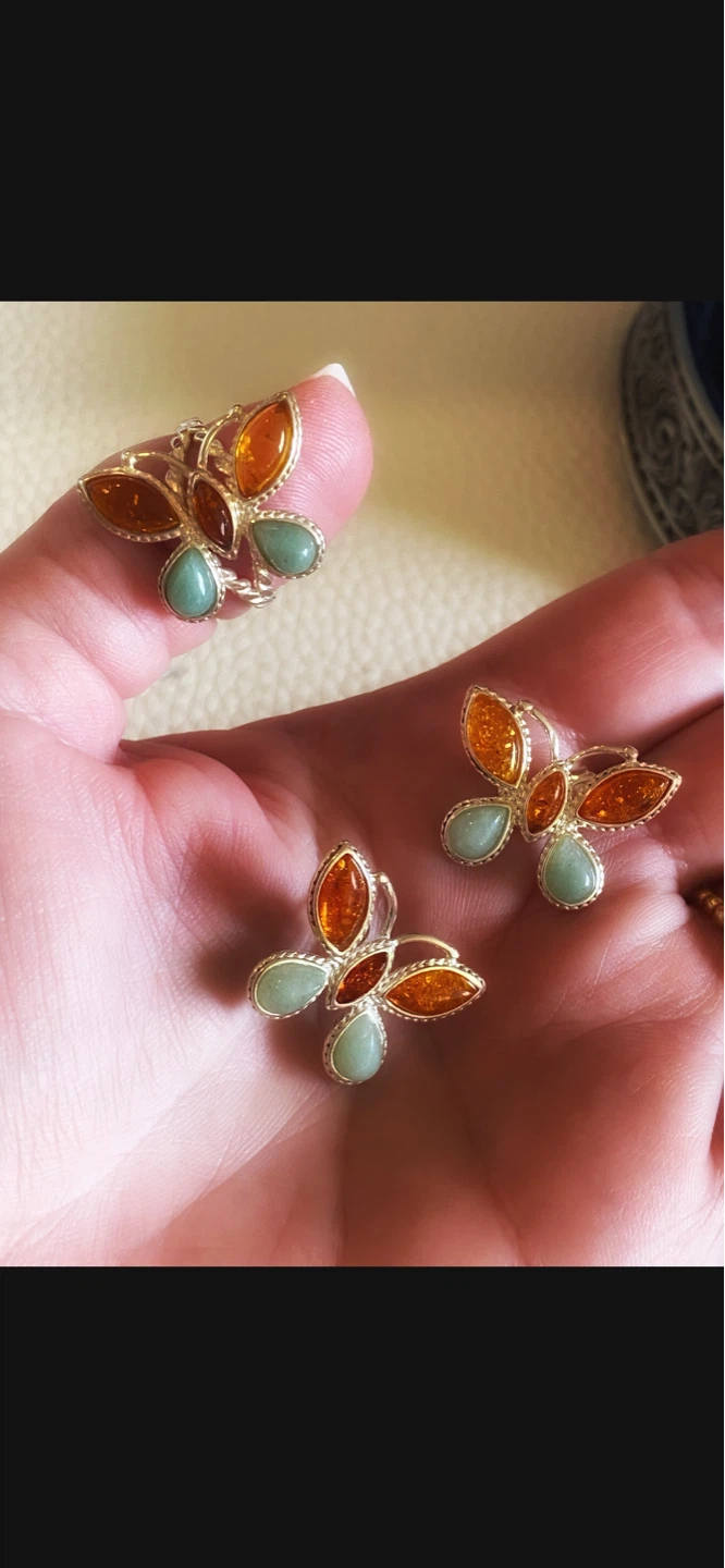🦋Butterfly Amber and Aquamarine Ring and Earring Set - photo 2
