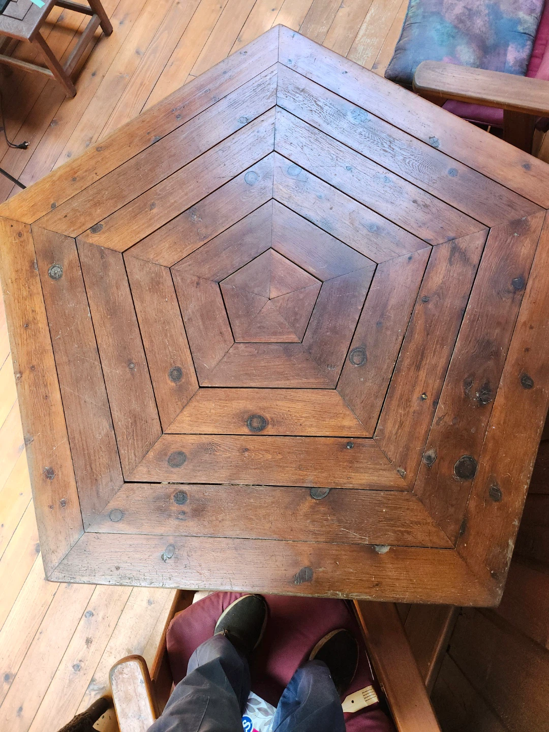 Wooden Table with Pentagonal Design and Two Chairs
