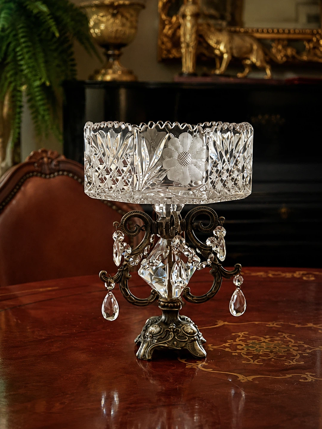 Crystal Fruit Bowl with Ornate Metal Stand